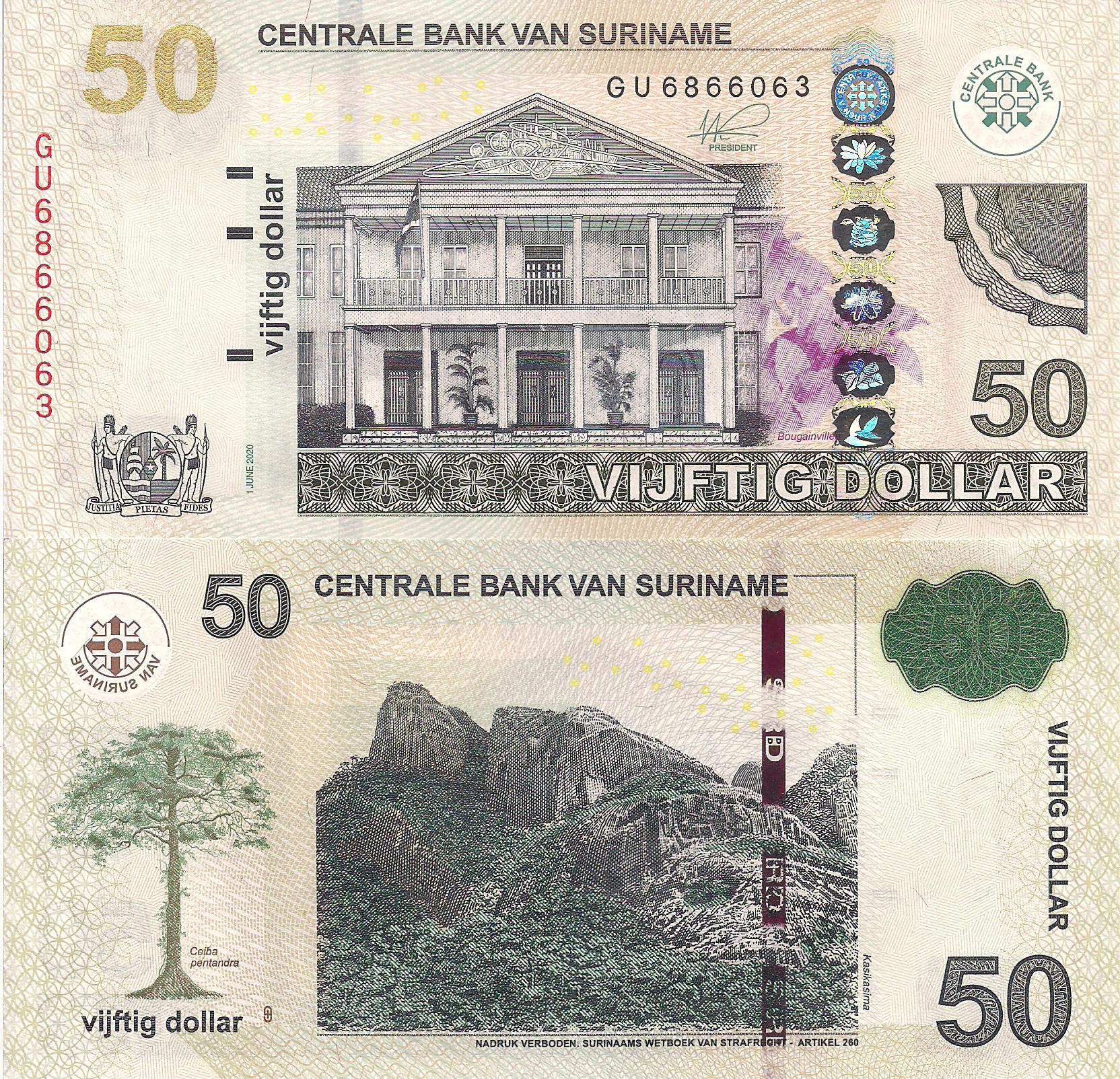 Suriname 50 Dollars UNC pick #: 165e